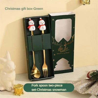 Коледен подарък Златна лъжица Комплект вилица Елк Коледна елха Декорация Десертна лъжица Вилица за плодове Лъжица за кафе Комплект прибори