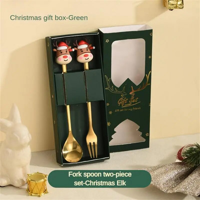 Коледен подарък Златна лъжица Комплект вилица Елк Коледна елха Декорация Десертна лъжица Вилица за плодове Лъжица за кафе Комплект прибори