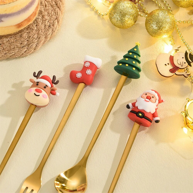 Коледен подарък Златна лъжица Комплект вилица Елк Коледна елха Декорация Десертна лъжица Вилица за плодове Лъжица за кафе Комплект прибори