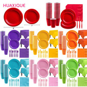 Жълто червено розово еднократна пластмасова парти посуда чаша чиния салфетка детски рожден ден декор розово сватбено парти вечеря