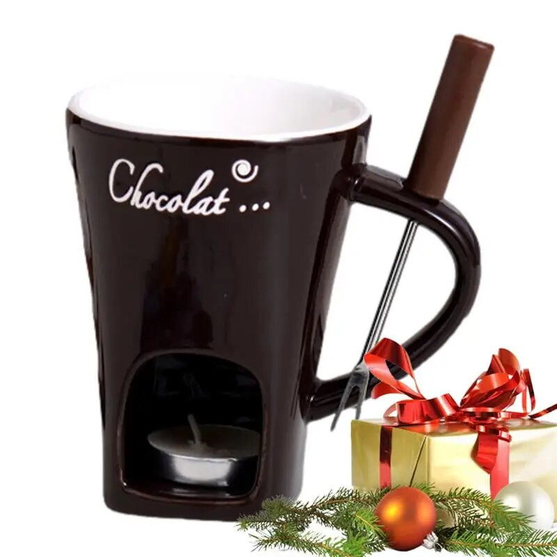 Ceașă pentru fonduă de ciocolată 130 ml Încălzit personal de unt din ceramică Încălzit de unt multifuncțional cu furculiță pentru fondue Cupă creativă pentru oală fierbinte topită