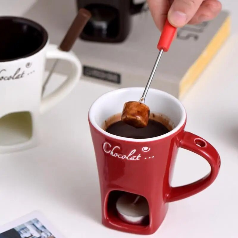 Ceașă pentru fonduă de ciocolată 130 ml Încălzit personal de unt din ceramică Încălzit de unt multifuncțional cu furculiță pentru fondue Cupă creativă pentru oală fierbinte topită