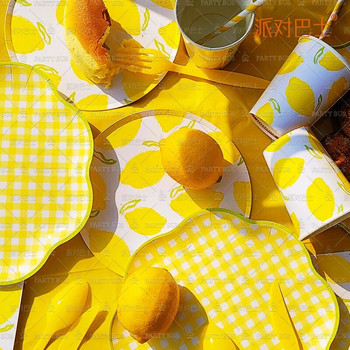 1 комплект съдове за еднократна употреба с плодове Праскова Портокал Лимон Чинии Чаши за деца Летни плодове Честит рожден ден Декорация за парти