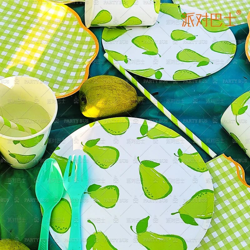 1 set fructe de unică folosință farfurii de piersici, portocale, lămâie, cești pentru copii, fructe de vară, aprovizionare pentru decorațiuni pentru petrecerea de mulți ani