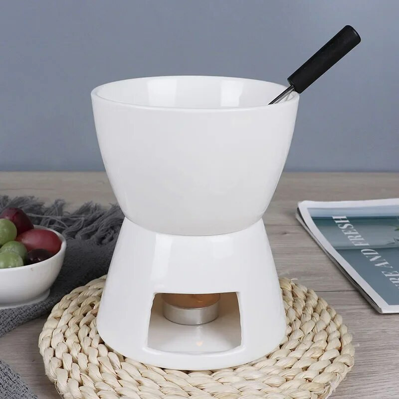 Set mini fondue cu lumânare/furculiță oală de fondue personalizată din ceramică, brânză elvețiană, oală de topire a ciocolatei, set de fondue cu furculiță