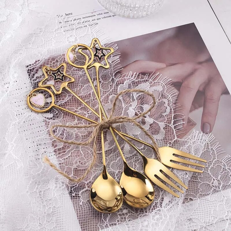 Roostevabast terasest lauanõud Loominguline lusikas magustoidulusikas kahvel puuviljakahvel Multifilm Südastaar armas ripats kohvi segamislusikas