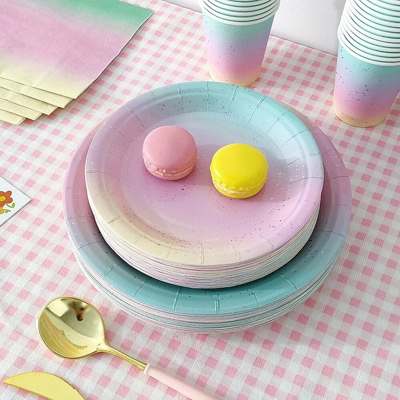 Gradijent duginih boja Jednokratno posuđe Tanjuri Šalice Banner Vjenčanje Djeca Odrasli Oprema za rođendane Tuširanje djeteta