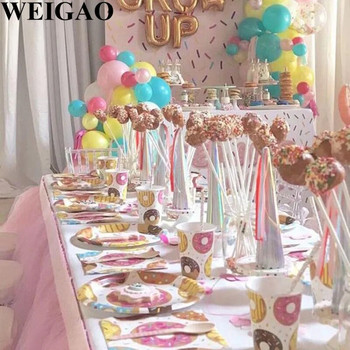 WEIGAO Donut Party Чиния Чаша Салфетки Покривка Банер Парти за рожден ден Комплект сервизи за еднократна употреба Декорация за 1-ви рожден ден Парти консумативи