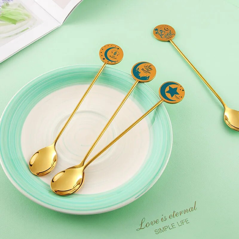 Jauna Mėnulio žvaigždė kavos šaukšto šakutės Ramadano papuošimai namams 2023 m. Islamo musulmonų festivalio Vakarėlio dekoravimo deserto torto šaukštas