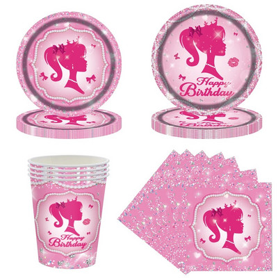 Момичета Розова тема Декорации за рожден ден Парти Съдове за еднократна употреба Хартиени салфетки Чаши Чинии Покривки Слама