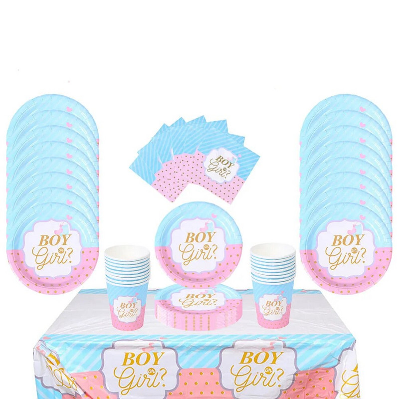 Jednokratni pribor za jelo za dječaka ili djevojčicu Papirnati tanjur Šalica Ružičasto Plava Otkrijte spol Ukrasi za zabavu za tuširanje djeteta Banner Dekor salvete