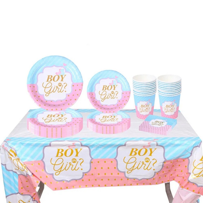 Jednokratni pribor za jelo za dječaka ili djevojčicu Papirnati tanjur Šalica Ružičasto Plava Otkrijte spol Ukrasi za zabavu za tuširanje djeteta Banner Dekor salvete