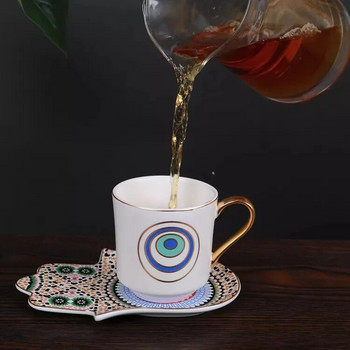 Δώρο δώρο τουρκικού φλιτζάνι καφέ και πιατάκι Devil\'s Eye Hamsa Hand Dish European Retro Hanging Ear Creative Ceramic Cup