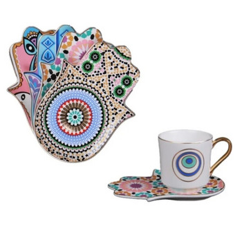 Δώρο δώρο τουρκικού φλιτζάνι καφέ και πιατάκι Devil\'s Eye Hamsa Hand Dish European Retro Hanging Ear Creative Ceramic Cup