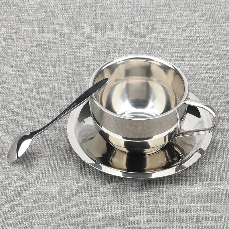 Set šalica za kavu od nehrđajućeg čelika Šalice za kavu s dvostrukim stijenkama Šalice za espresso i Cappuccino šalice za kavu sa žlicom i tanjurićem