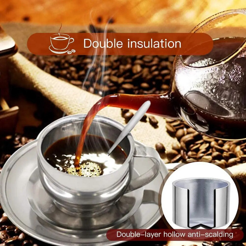 Set šalica za kavu od nehrđajućeg čelika Šalice za kavu s dvostrukim stijenkama Šalice za espresso i Cappuccino šalice za kavu sa žlicom i tanjurićem