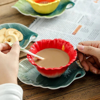 Креативен 3D ръчно рисуван Fusang цвете слънчоглед Clivia емайлиран цвят керамичен сервиз за кафе и чай Чиния за чаша за следобеден чай
