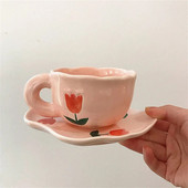 Ins style розово момиче сърце лале чаша за кафе комплект съдове висококрасива керамична чаша чаша за следобеден чай Dim sum dish