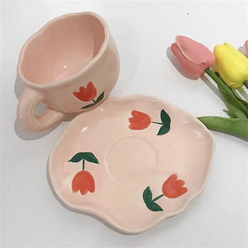 Ins style розово момиче сърце лале чаша за кафе комплект съдове висококрасива керамична чаша чаша за следобеден чай Dim sum dish