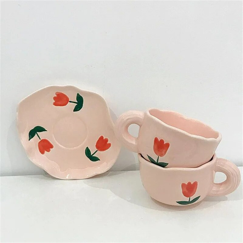 Ins style розово момиче сърце лале чаша за кафе комплект съдове висококрасива керамична чаша чаша за следобеден чай Dim sum dish