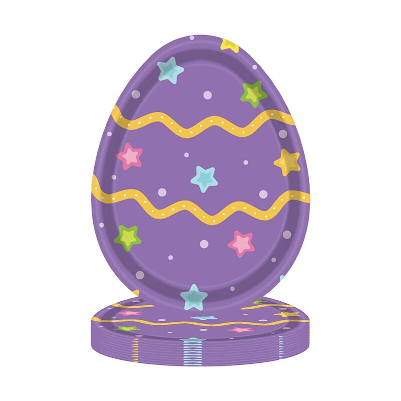 8db Kellemes húsvéti ünnepeket színes tojások eldobható evőeszközök Rajzfilm színes tojás alakú eldobható tányérok gyerekeknek húsvéti parti kellékek