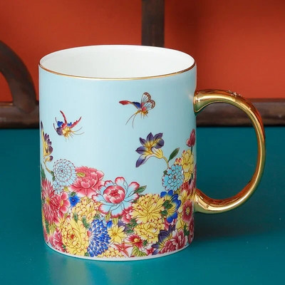 Kiniškas dažytas kaulas Kinijos kavos puodelio lėkštės rinkinys emaliuotas popietės arbatos puodelis su lėkštės šaukštu prabangus keramikinis puodelis vakarėliui