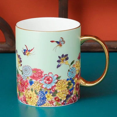 Kiniškas dažytas kaulas Kinijos kavos puodelio lėkštės rinkinys emaliuotas popietės arbatos puodelis su lėkštės šaukštu prabangus keramikinis puodelis vakarėliui