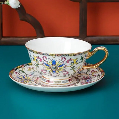 Kiniškas dažytas kaulas Kinijos kavos puodelio lėkštės rinkinys emaliuotas popietės arbatos puodelis su lėkštės šaukštu prabangus keramikinis puodelis vakarėliui