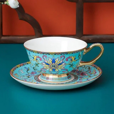 Kiniškas dažytas kaulas Kinijos kavos puodelio lėkštės rinkinys emaliuotas popietės arbatos puodelis su lėkštės šaukštu prabangus keramikinis puodelis vakarėliui