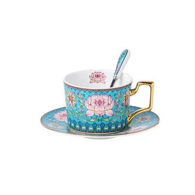 Kiniškas dažytas kaulas Kinijos kavos puodelio lėkštės rinkinys emaliuotas popietės arbatos puodelis su lėkštės šaukštu prabangus keramikinis puodelis vakarėliui