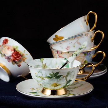 Луксозна чаша за кафе от костен порцелан с лъжичка за чинийка Чаша за чай от британски порцелан, рисувано цвете, птица, керамична чаша за кафе, съдове и прибори, подарък