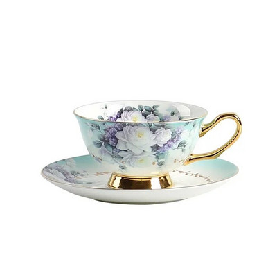 Луксозна чаша за кафе от костен порцелан с лъжичка за чинийка Чаша за чай от британски порцелан, рисувано цвете, птица, керамична чаша за кафе, съдове и прибори, подарък