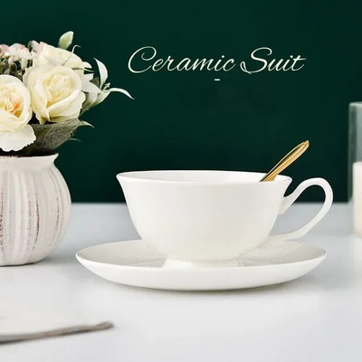 Луксозна чаша за кафе от костен порцелан с лъжичка за чинийка Чаша за чай от британски порцелан, рисувано цвете, птица, керамична чаша за кафе, съдове и прибори, подарък