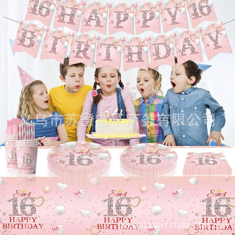 Ružičasti balon dijamant Jednokratno posuđe za rođendan Djevojčice 16-godišnjakinje Salvete za rođendan Tanjuri Sretan 16. rođendan Pribor za zabavu