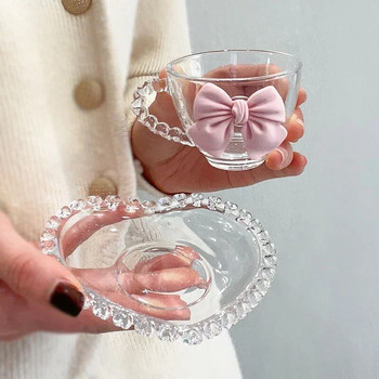 Творчески прозрачен комплект чаши за кафе за любов Розов лък Декорация Момиче Стъклена чаша за вода Десертна чиния Следобеден чай Овесена чаша за закуска
