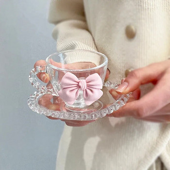 Творчески прозрачен комплект чаши за кафе за любов Розов лък Декорация Момиче Стъклена чаша за вода Десертна чиния Следобеден чай Овесена чаша за закуска