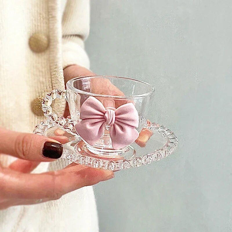 Kūrybingas permatomas meilės kavos puodelių rinkinys Rožinė lankelio puošmena mergaitei stiklinė vandens puodelis Desertinė lėkštė Popietės arbata Avižų pusryčių puodelis