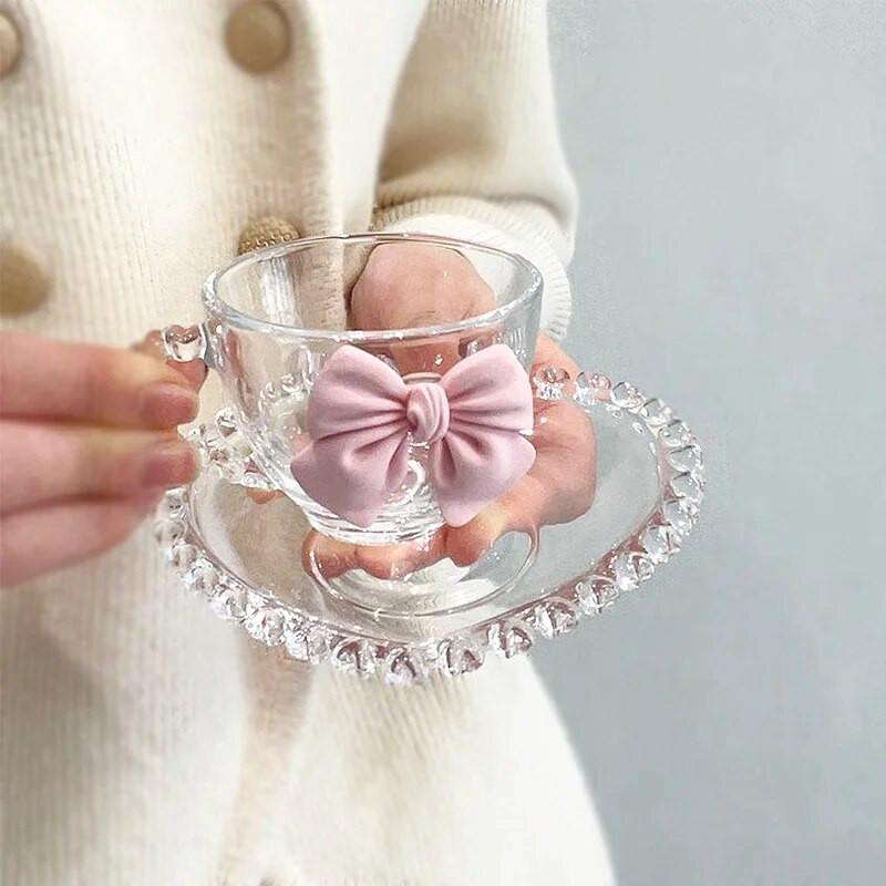 Kūrybingas permatomas meilės kavos puodelių rinkinys Rožinė lankelio puošmena mergaitei stiklinė vandens puodelis Desertinė lėkštė Popietės arbata Avižų pusryčių puodelis