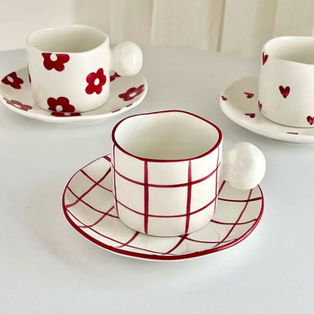 Корейска червена чаша и комплект чинии Сладко момиче INS Сърце Чаша за мляко Овесена чаша Чаша за кафе Чаша за закуска