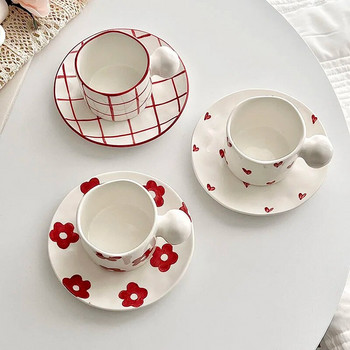 Корейска червена чаша и комплект чинии Сладко момиче INS Сърце Чаша за мляко Овесена чаша Чаша за кафе Чаша за закуска
