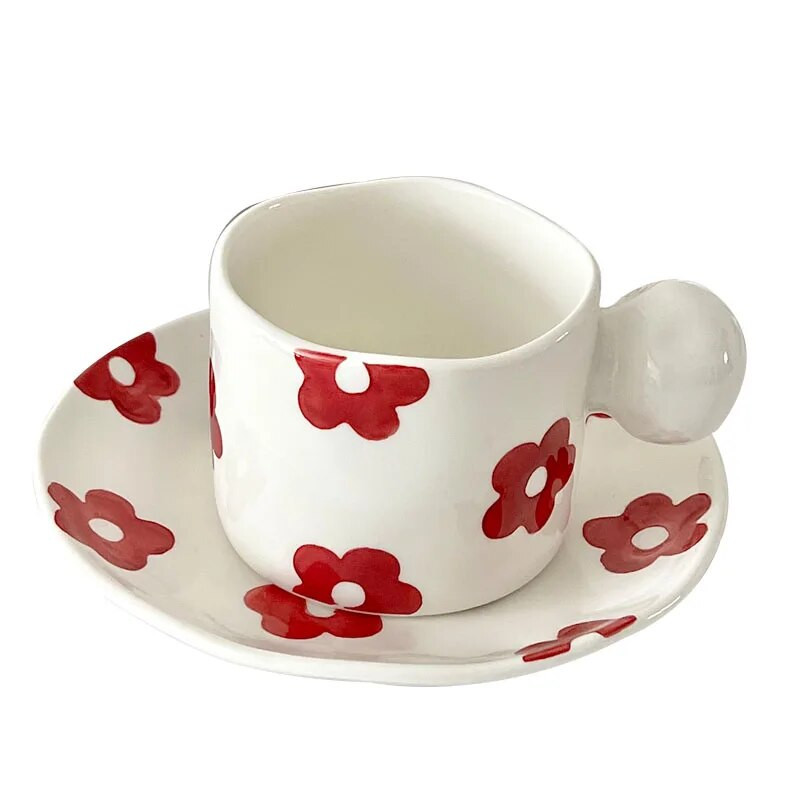 Корейска червена чаша и комплект чинии Сладко момиче INS Сърце Чаша за мляко Овесена чаша Чаша за кафе Чаша за закуска