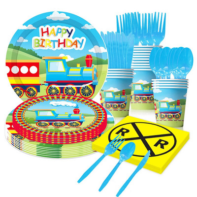 Тема на влака Декорации за рожден ден Парти Посуда за еднократна употреба Хартиени салфетки Чаши Чинии Банер Покривки Слама