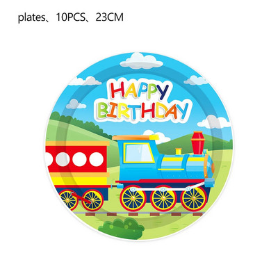 Vonattéma Születésnapi Díszek Party Eldobható Evőeszközök Papírszalvéták Csészék Tányérok Banner Abrosz Szalma