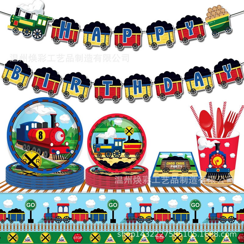 8db Train Headstock Party Theme Eldobható étkészlet Játék autós papírtányérok Szalvéták Boldog gyerekek születésnapját Parti kellékek Fiúk kedvence