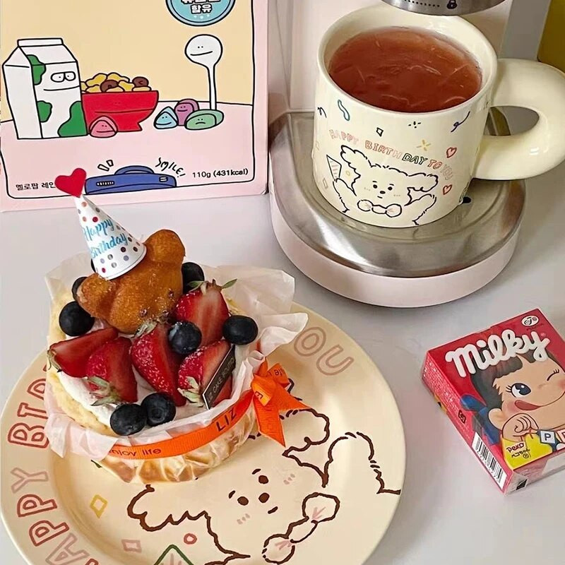 Koreai Ins kerámia bögre Kawaii kiskutya Boldog születésnapot Kávéscsészék és csészealjak Aranyos állat Kutya tányérok Cafe Desszerttál Ajándék