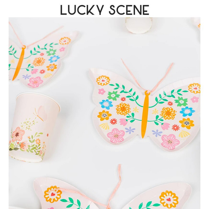 Farfurii din hârtie în formă de fluture, cești, seturi de șervețele cu petrecere decorativă ușoară de unică folosință, petrecere de aniversare și petrecere de nuntă S01100