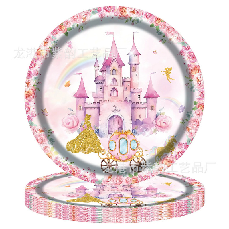 Pink Princess Castle Set posuđa Tanjuri za desert Šalice stolnjak Balon Banner Omiljeni rođendanski ukrasi za vjenčanje odraslih