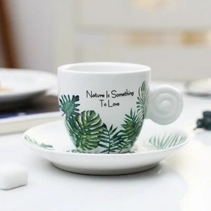 90 ml Керамика Комплект чаша за кафе и чинийка Nordic Fresh Cafe Drinkware Plant Monstera Office Mug Milk ESPRESSO SHOT Чаша за момиче