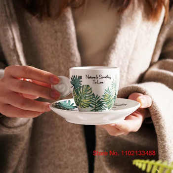 90 ml Керамика Комплект чаша за кафе и чинийка Nordic Fresh Cafe Drinkware Plant Monstera Office Mug Milk ESPRESSO SHOT Чаша за момиче