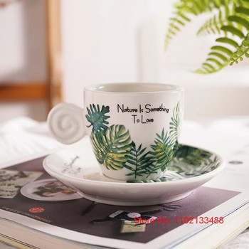 90 ml Керамика Комплект чаша за кафе и чинийка Nordic Fresh Cafe Drinkware Plant Monstera Office Mug Milk ESPRESSO SHOT Чаша за момиче